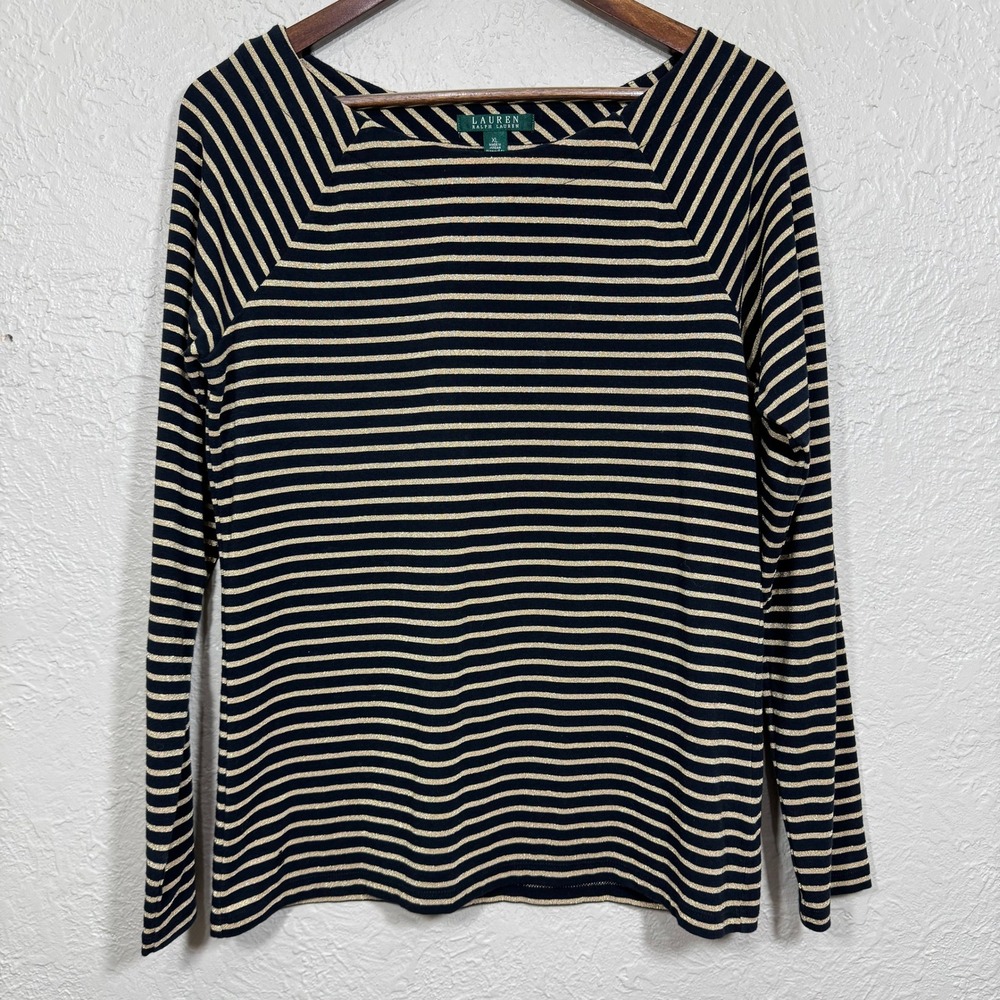 LRL Ralph Lauren Top XL Gold Metallic Striped Preppy Nautical Holiday Minimalist
